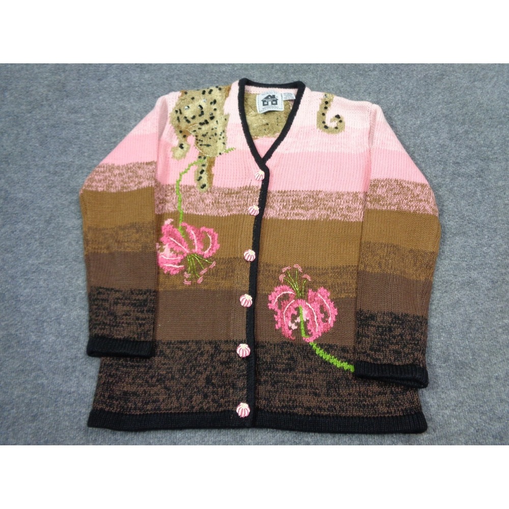 Vintage Storybook Knits Sweater Womens XS Cardigan Leopard Floral